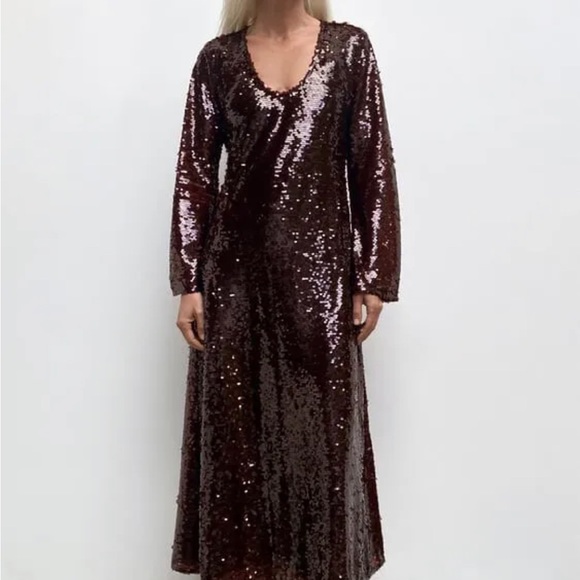 NEW! ZARA Limited Edition Sequin Maxi Dress Burgundy Maroon Red SZ S - Picture 2 of 12